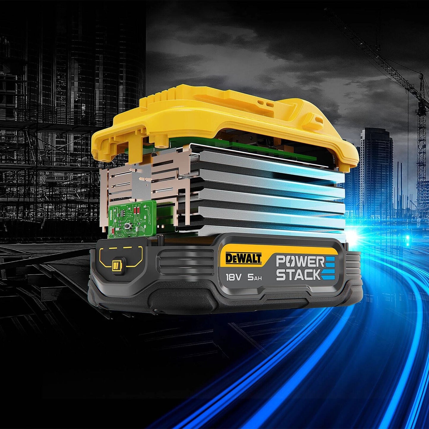 DeWALT 18V XR Powerstack 5Ah Battery, Pouch Cells, 2X Runtime, SOC Indicator
