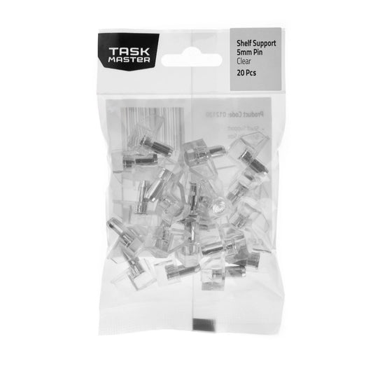 Taskmaster 5mm Pin Clear Plastic Shelf Support, 20 Pack, Easy Install, Versatile Cabinet Use