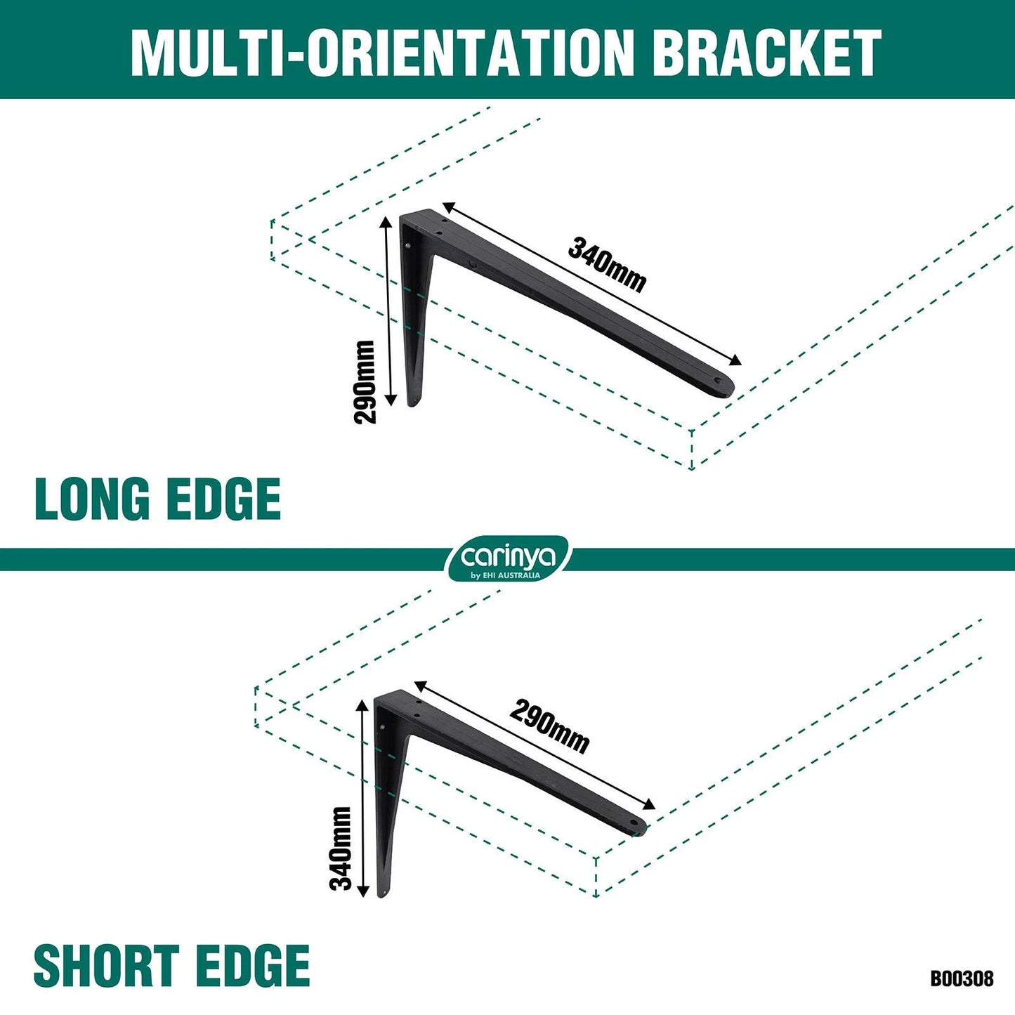 Carinya Black Heavy Duty 340x290mm Cast Aluminium Angle Bracket 150kg Load Capacity