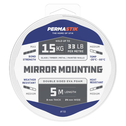 Permastik Mirror Mounting Tape 5m x 24mm, Holds 15kg/m, No Drilling, Weather Resistant