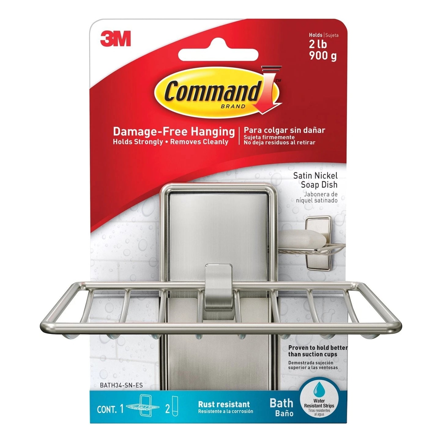 Command Satin Nickel Bath Soap Dish, Damage-Free, Rust Resistant, Reusable, 1 Pack