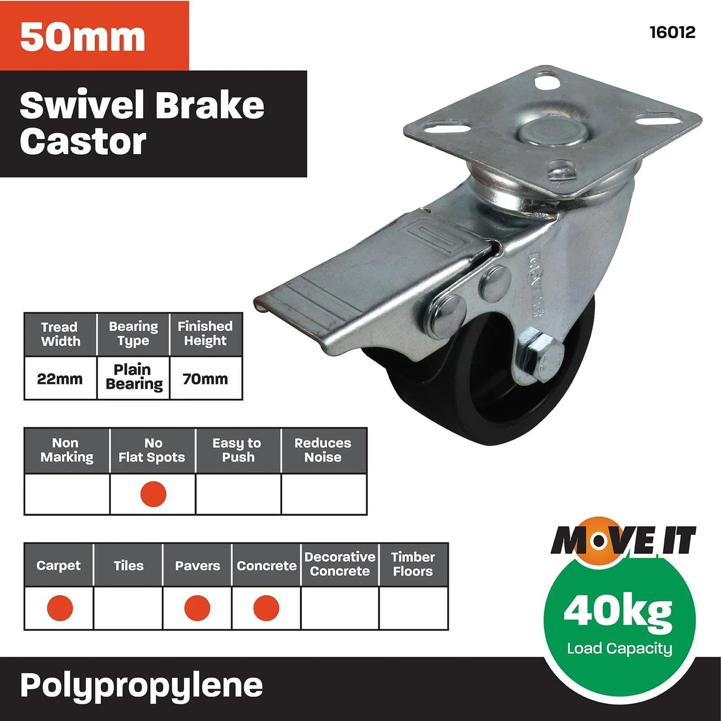 Move It 50 PP Swivel Brake Castor, 50mm Nylon Wheel, 40kg Load, Carpet & Timber Use