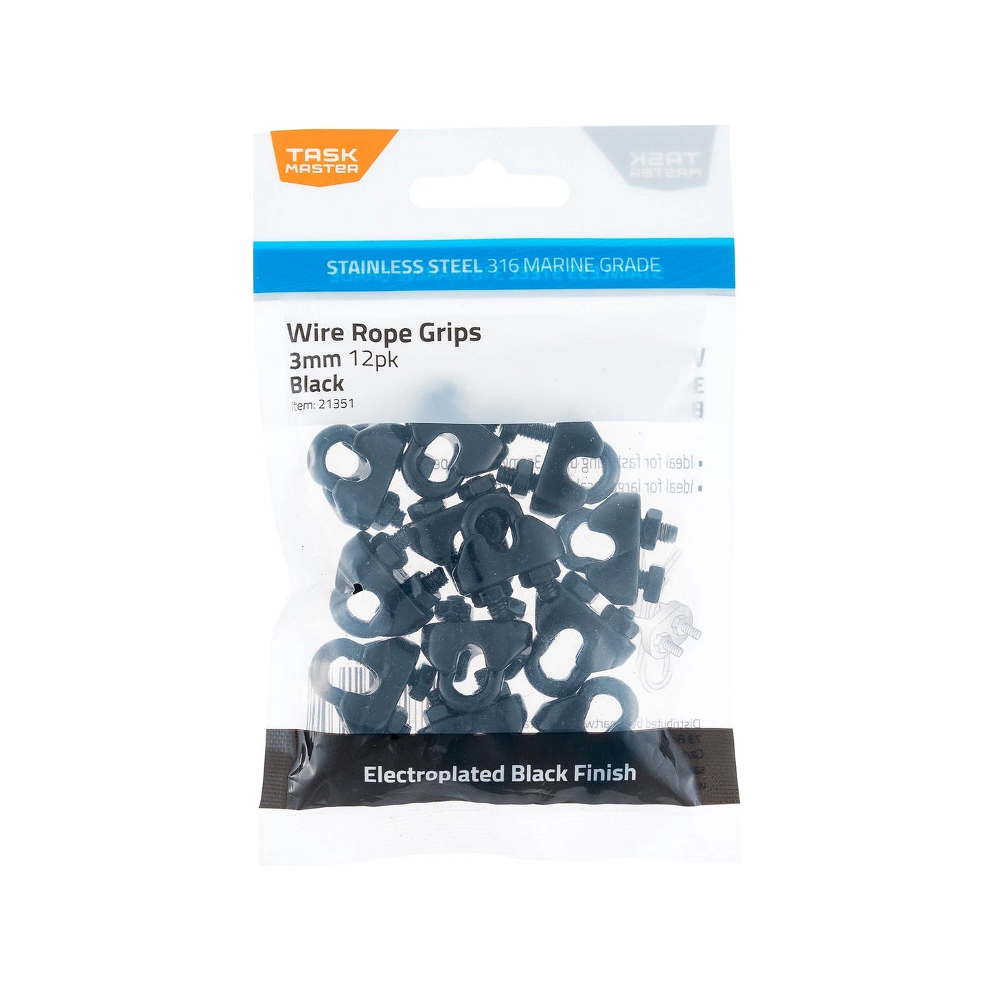Taskmaster 3mm Black 316 Stainless Steel Wire Rope Grips - 12 Pack, Marine Grade, Swageless