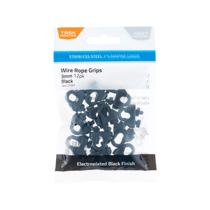 Taskmaster 3mm Black 316 Stainless Steel Wire Rope Grips - 12 Pack, Marine Grade, Swageless