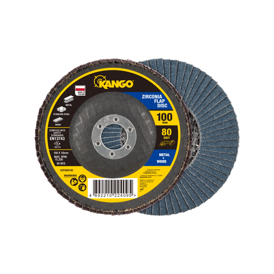 Kango 100mm 80G Zirconia Flap Disc, Self-Sharpening, High Removal Rate, Metal/Wood Use
