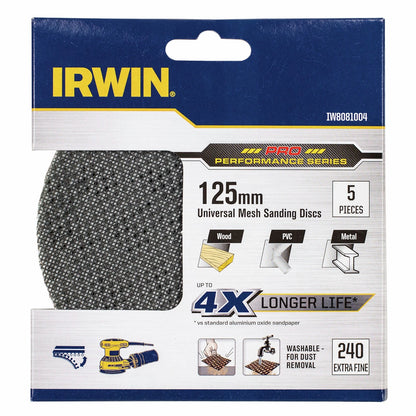 Irwin 125mm 240 Grit Orbital Sanding Discs - 5 Pcs, Long-Lasting, Washable, Universal Fit