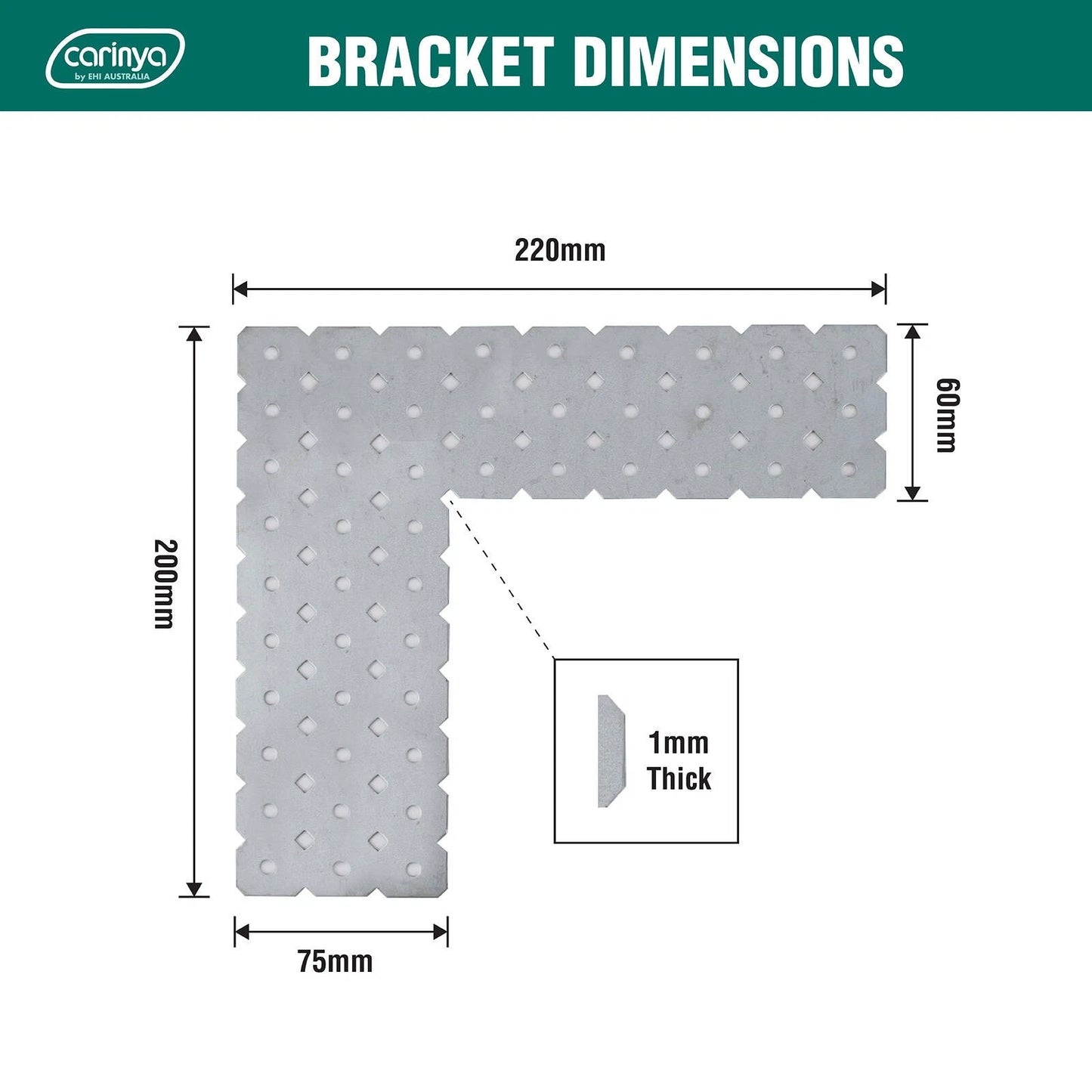 Carinya Galvanised L-Shape Bracket 220x200x60x1mm Customisable DIY Support
