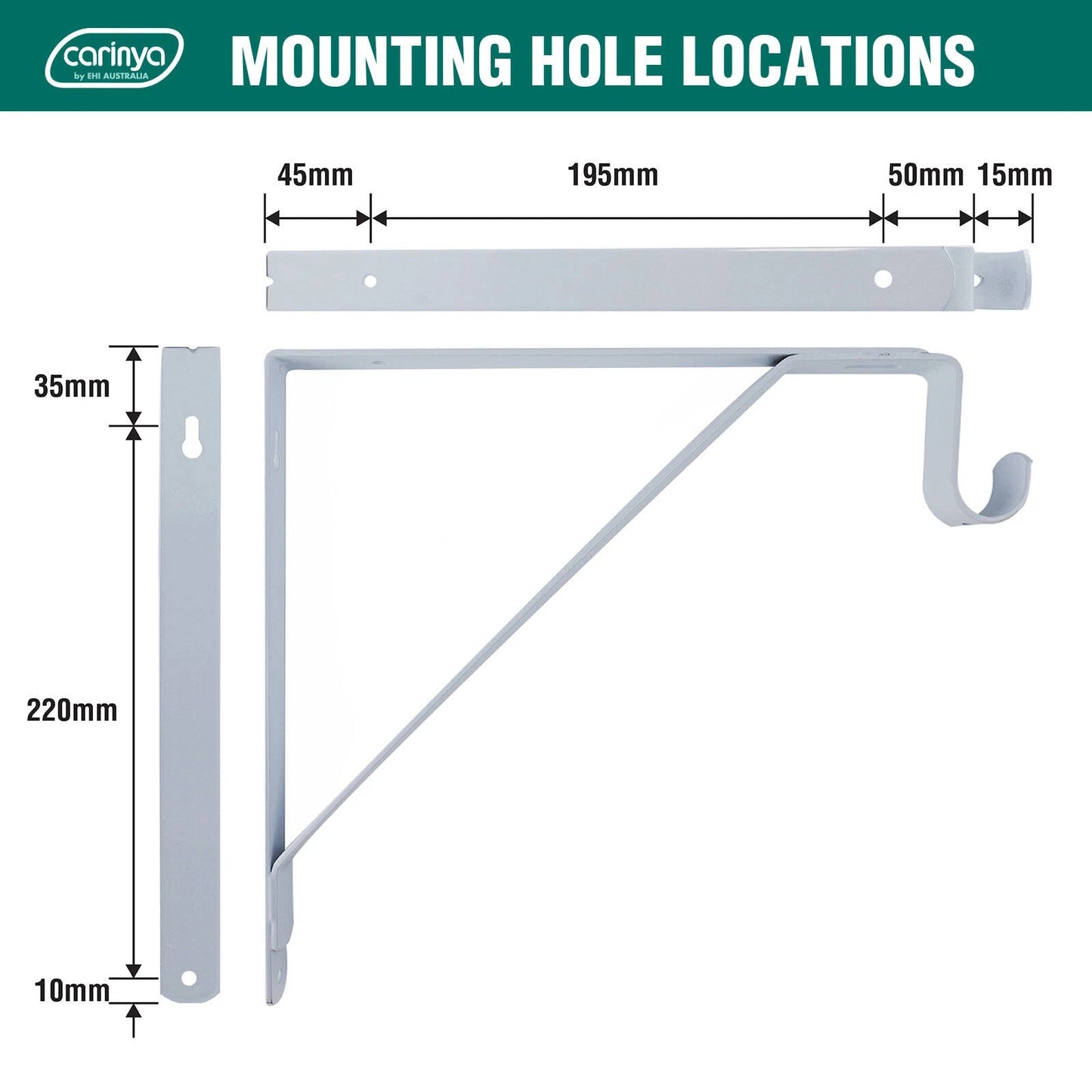 Carinya White Closet Rod Bracket 305x265x25mm, Durable Steel, Easy Install, 50kg Capacity