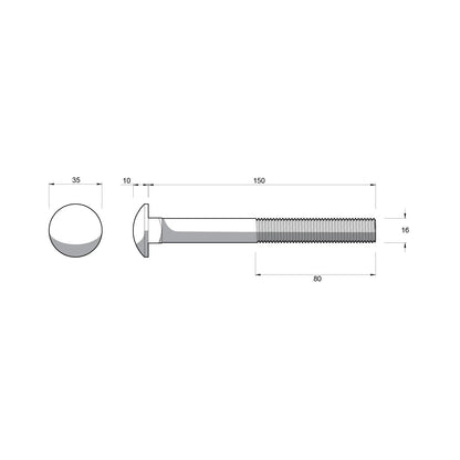 ZENITH M16 x 150mm Galvanised Cup Head Bolts & Nuts - Corrosion Resistant, AS Compliant