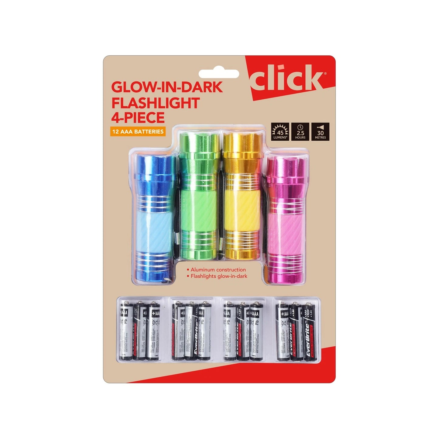 Click Glow In Dark Flashlight 4 Pack - LED, Glow Handle, 45 Lumens, 12 AAA Batteries Included