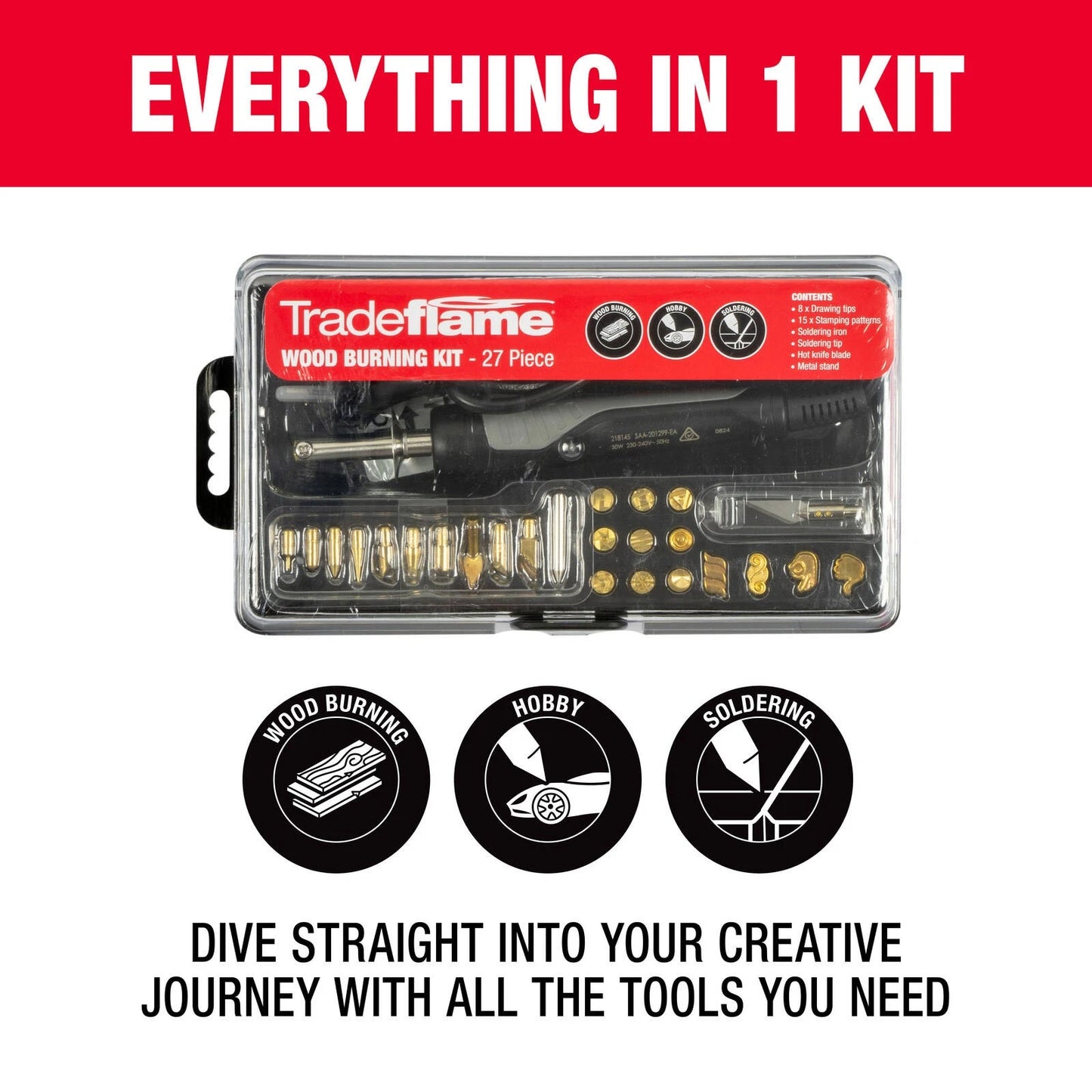 Tradeflame 27 Piece Wood Burning Kit with 8 Tips, 15 Patterns, Soldering & Hot Knife