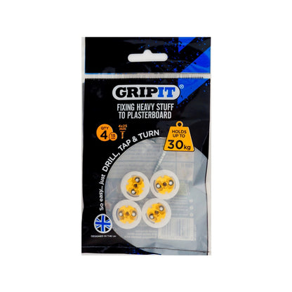 GripIt Yellow Plasterboard Fixing 15mm - 4 Pack, 30kg Load, Fast Install, Reusable