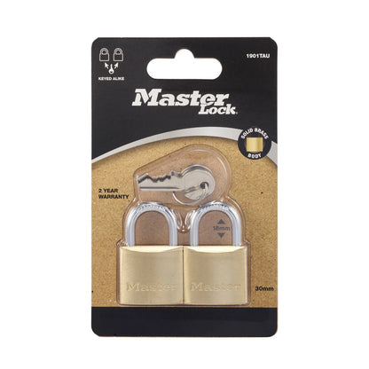 Master Lock 30mm Brass Keyed Padlock 2 Pack - Corrosion-Resistant, Hardened Steel Shackle
