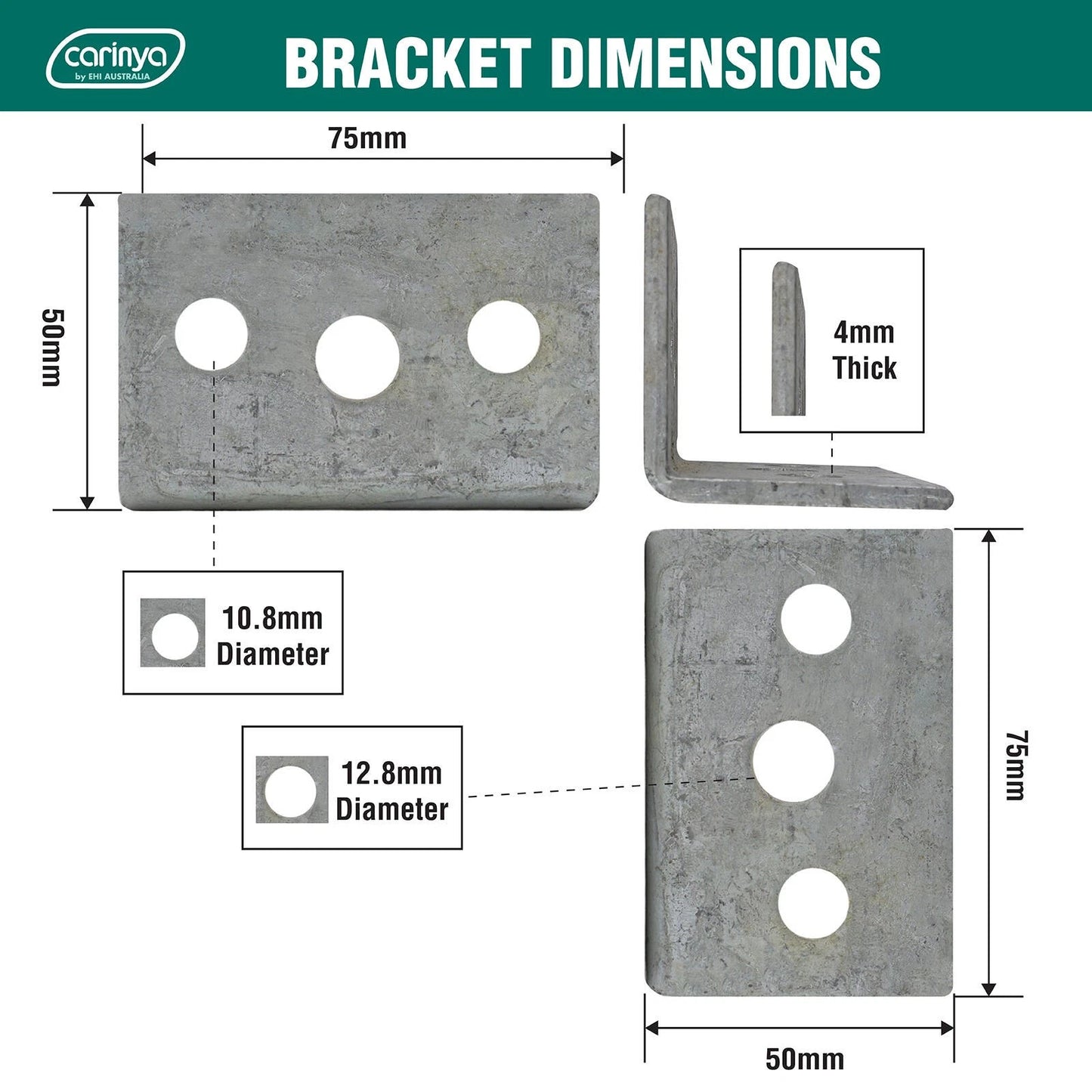 Carinya Galvanised Reinforcing Angle Bracket 50x50x75x4mm, 600kg Load, Indoor/Outdoor Use