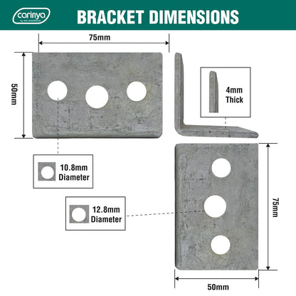 Carinya Galvanised Reinforcing Angle Bracket 50x50x75x4mm, 600kg Load, Indoor/Outdoor Use