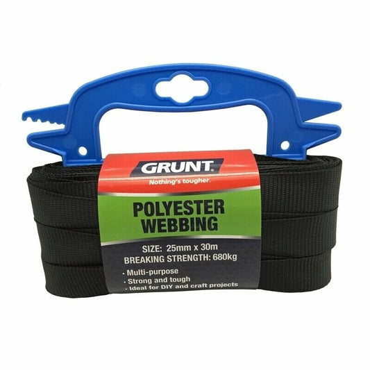Grunt 25mm x 30m Black Polyester Webbing - Durable, Multi-Purpose, Lightweight