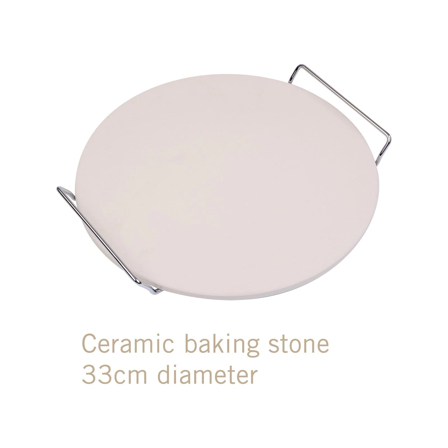 BBQ Pizza Stone Set - 33cm Ceramic Stone, Chrome Stand, Stainless Steel Wheel