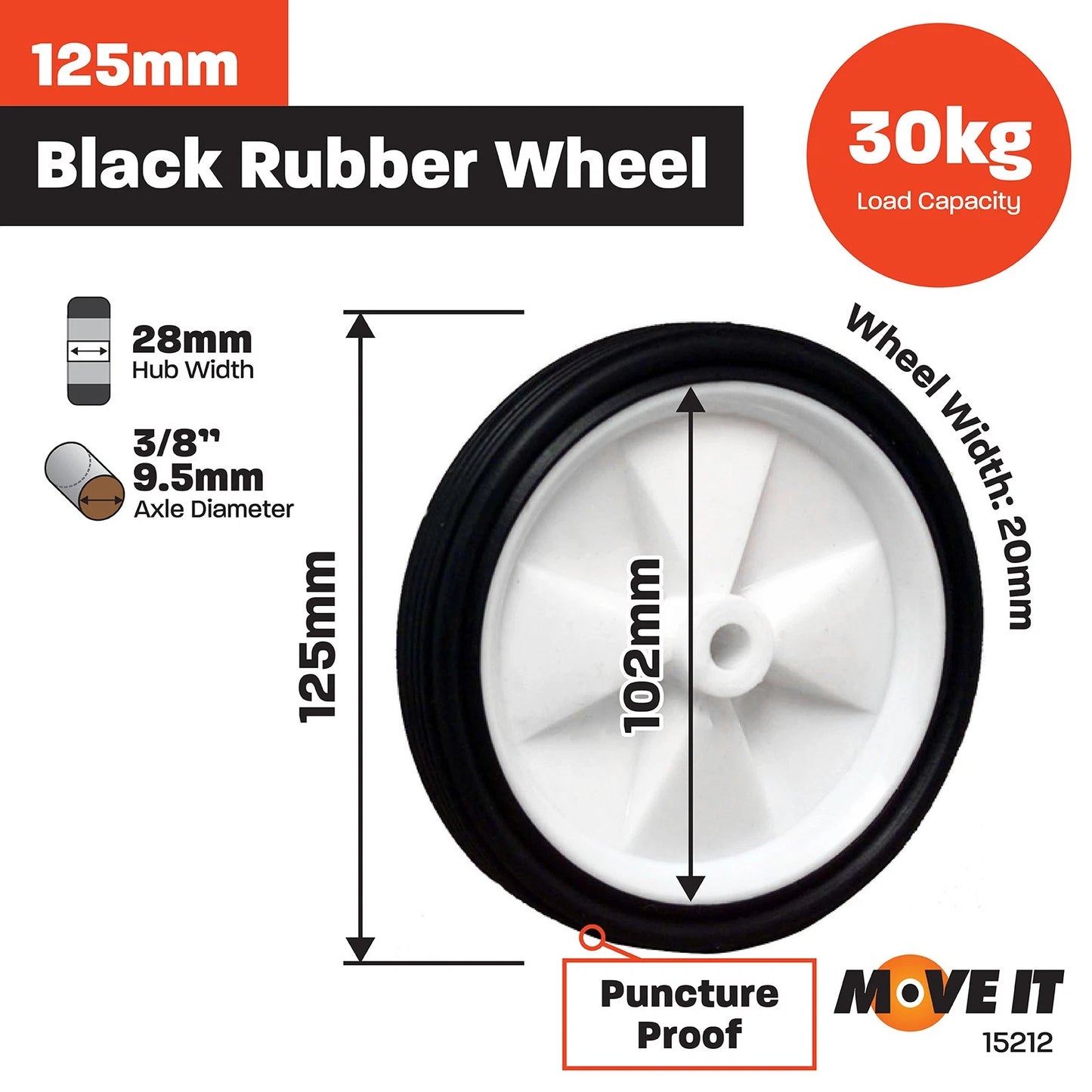 Move It 125mm Black Rubber Tyre with White Plastic Centre, 30kg Load, Easy Install