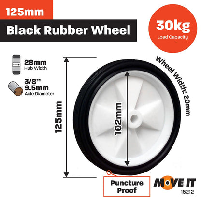 Move It 125mm Black Rubber Tyre with White Plastic Centre, 30kg Load, Easy Install