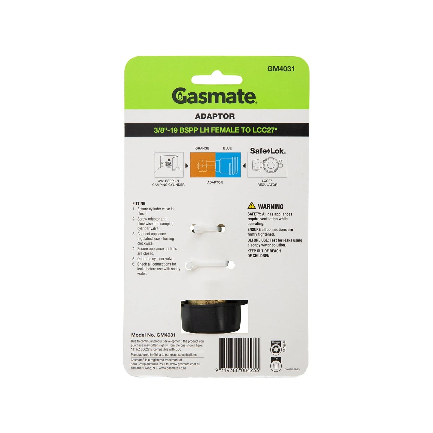 Gasmate Tap Adaptor Brass 1-20 UNEF to 3/8" BSPP LH for BBQ & Camping