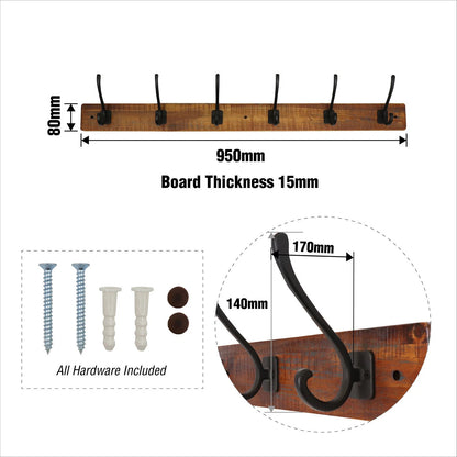 Adoored 950mm Black Rustic 6 Hook Hat and Coat Rack with Easy Installation
