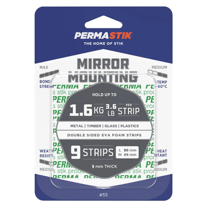 Permastik Mirror Mounting Strips 80mm x 24mm, Strong Hold, No Drilling, 9 Pack