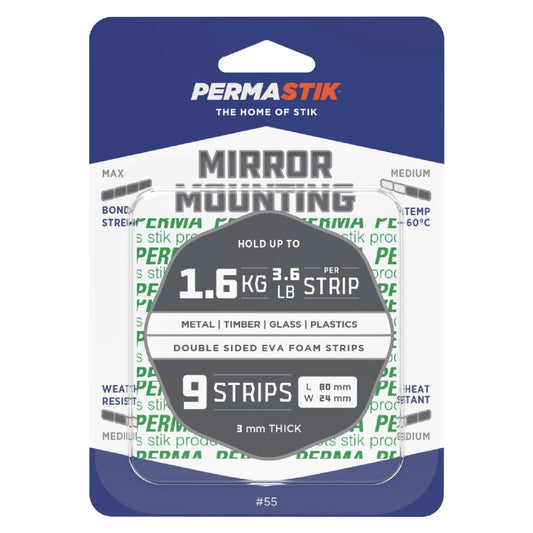 Permastik Mirror Mounting Strips 80mm x 24mm, Strong Hold, No Drilling, 9 Pack