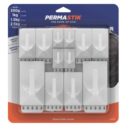 Permastik Utility Hooks Value Pack - 12 Pcs, Damage-Free, Easy Application, Various Sizes