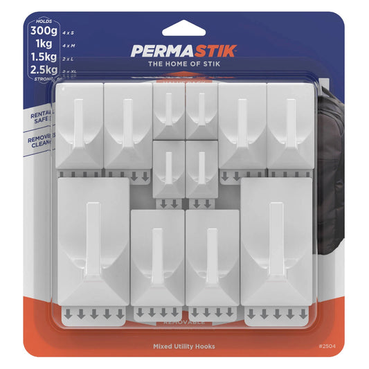 Permastik Utility Hooks Value Pack - 12 Pcs, Damage-Free, Easy Application, Various Sizes