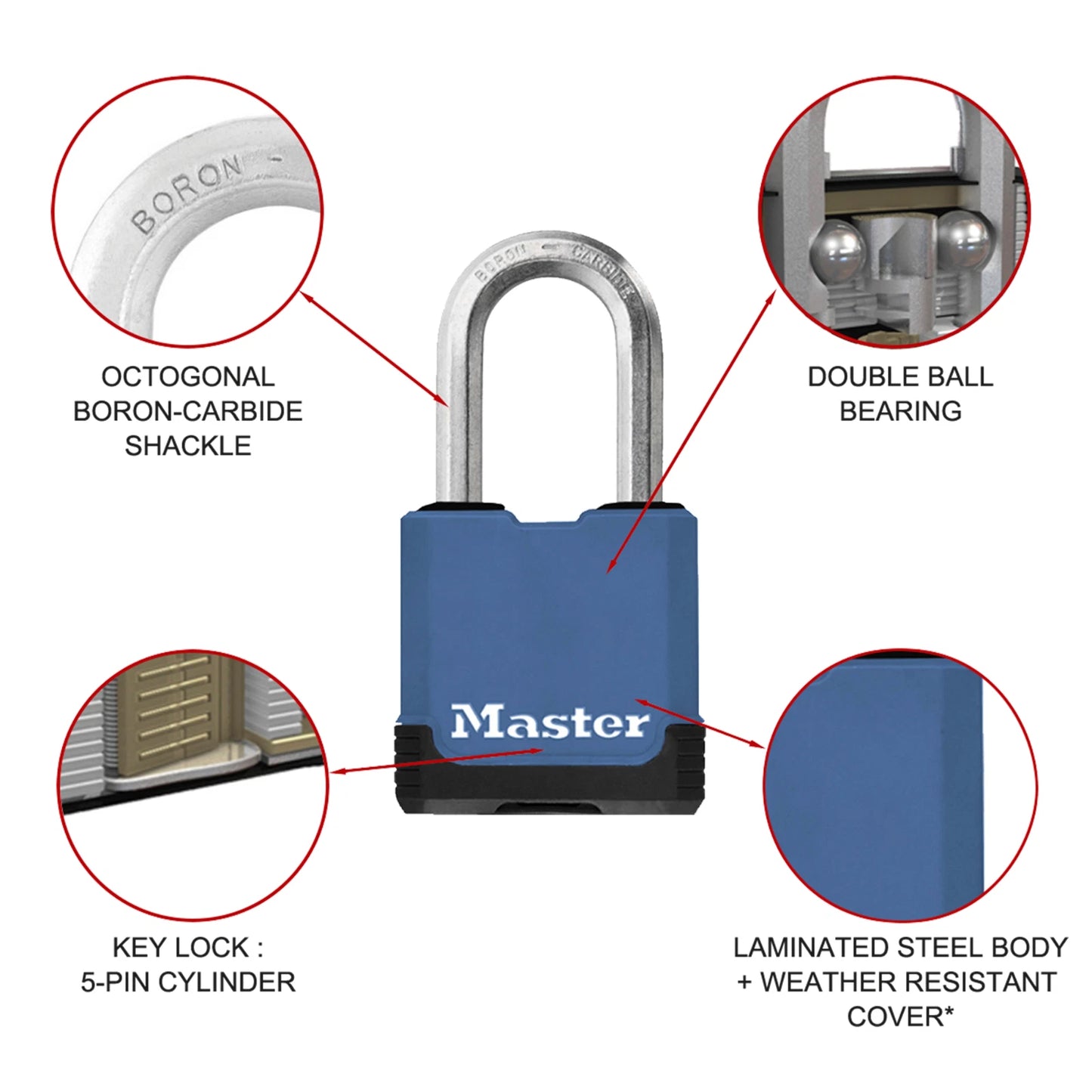 Master Lock 45mm Excell Weather-Resistant Padlock with Boron-Carbide Shackle & 4 Keys