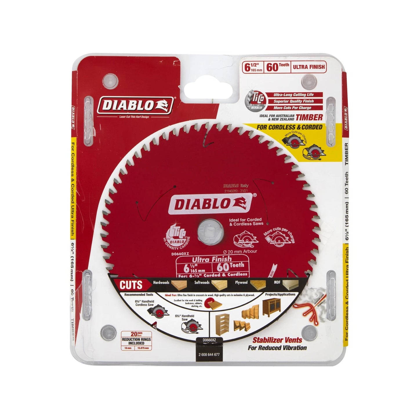 Diablo 165mm 60T Ultra Finish Circular Saw Blade, TiCo Carbide, Non-Stick Coating