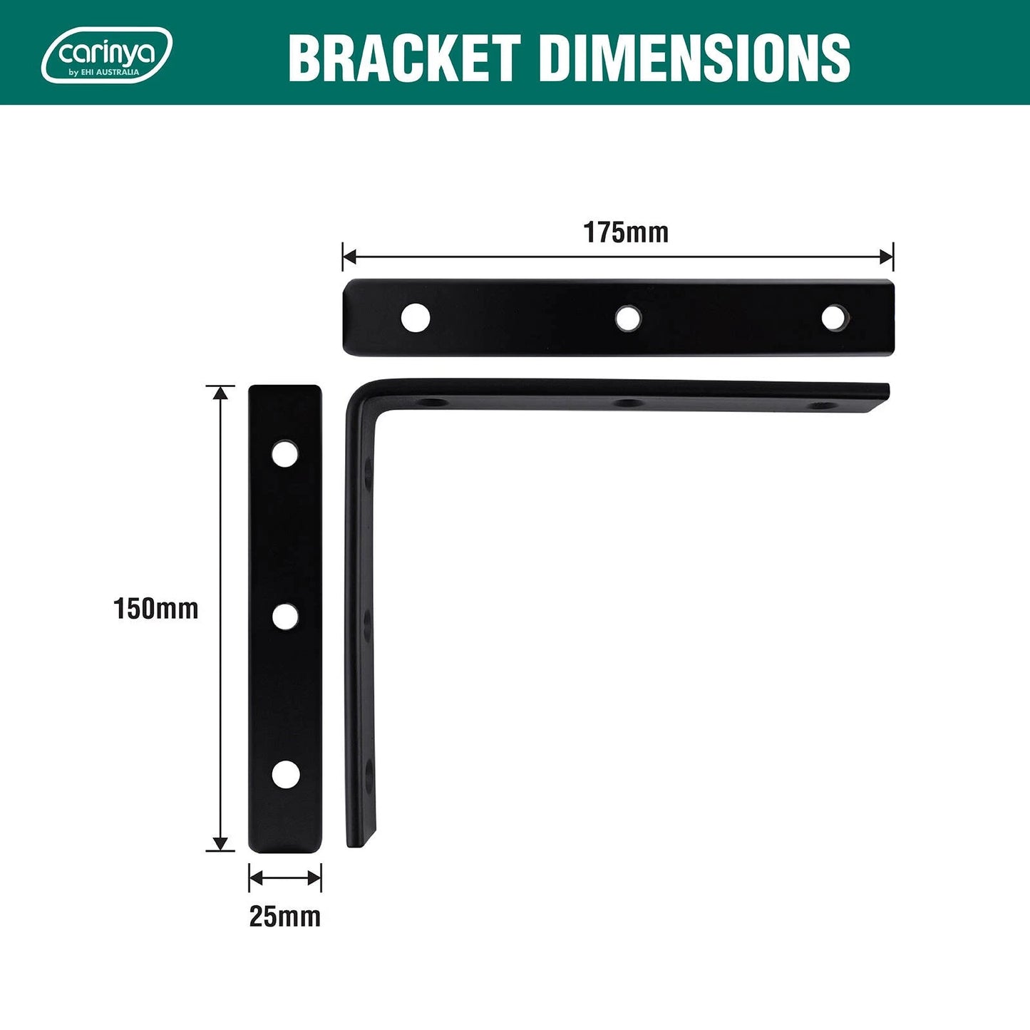 Carinya Heavy-Duty Black Angle Bracket 175x150mm, Stainless Steel, 100kg Load