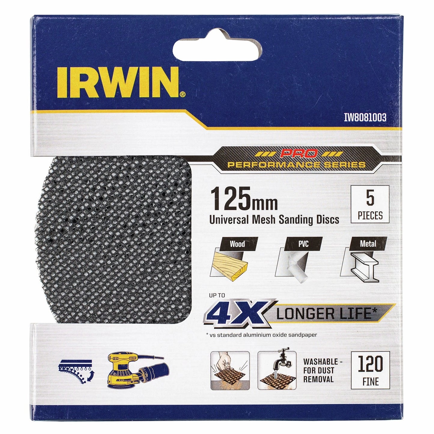 Irwin 125mm 120 Grit Orbital Sanding Discs - Durable, Washable, 5 Pack