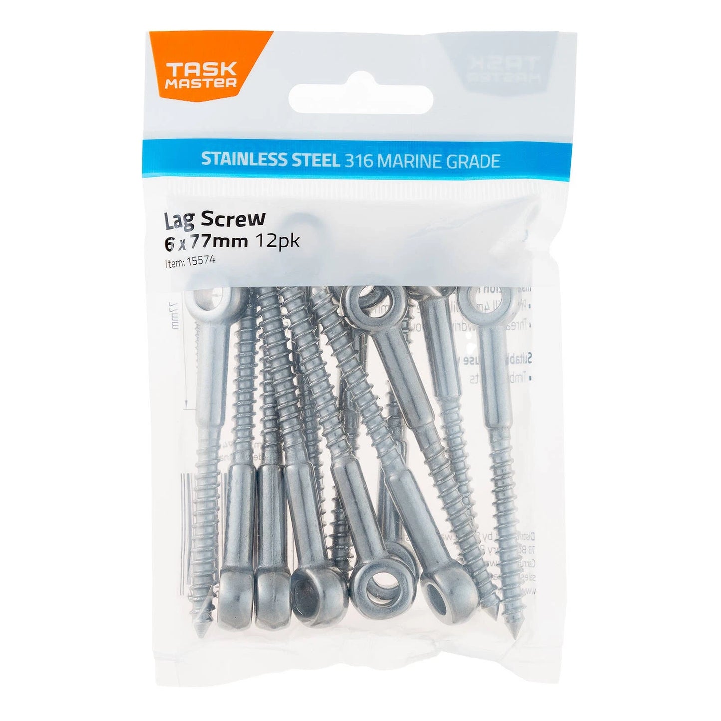 Taskmaster 6mm Marine Grade 316 Stainless Steel Lag Screws - 12 Pack, Weather-Resistant
