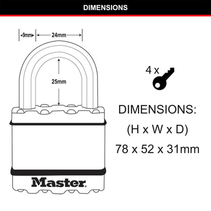 Master Lock 50mm Excell Padlock 4 Pack, Weather-Resistant, Boron Carbide Shackle