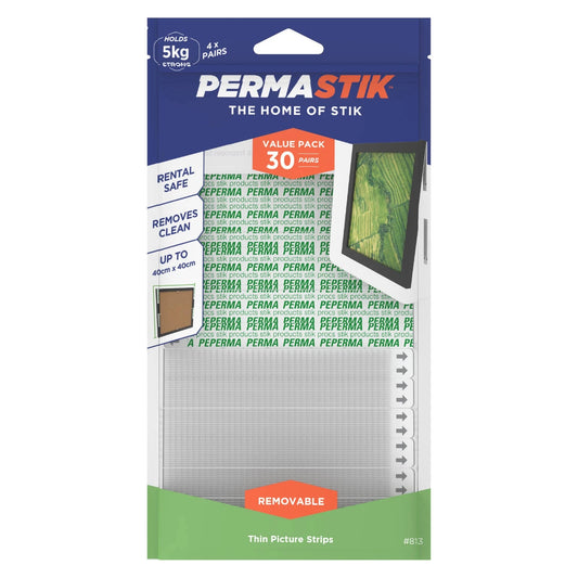 Permastik Thin Picture Strips - 30 Pairs, Supports 5kg, No Drilling, Easy Removal