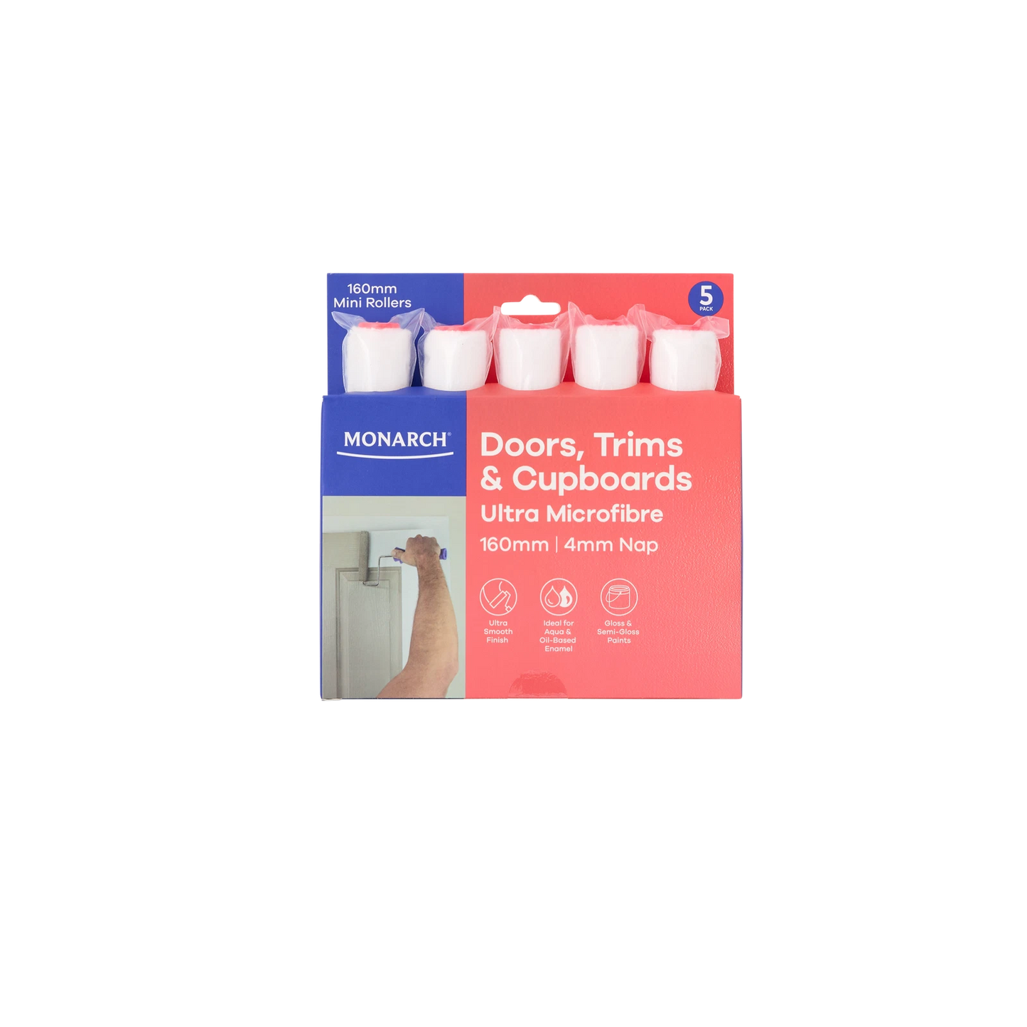 Monarch Ultra Microfibre Mini Roller 5 Pcs - 160/4mm Nap, Lint-Free, Smooth Finish