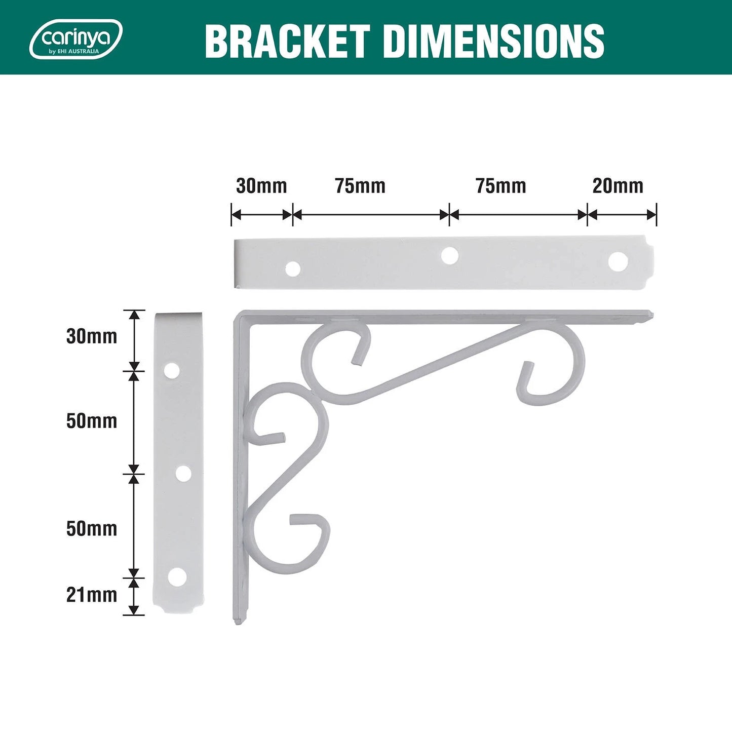 Carinya Heavy Duty 200x150mm White Scroll Bracket, 200kg Load, Indoor/Outdoor