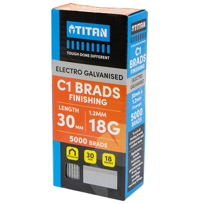 Titan 30x1.25mm Electro Galvanised C1 Brads - 5000 Pack, Corrosion Resistant, Chisel Point