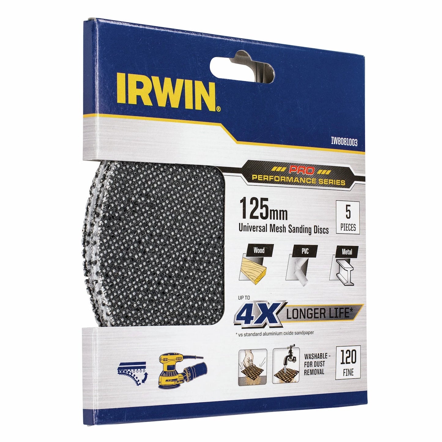 Irwin 125mm 120 Grit Orbital Sanding Discs - Durable, Washable, 5 Pack