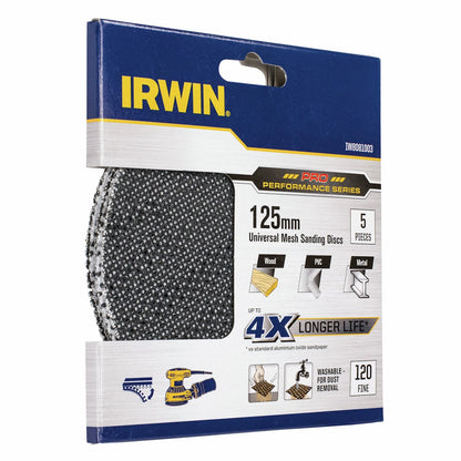 Irwin 125mm 120 Grit Orbital Sanding Discs - Durable, Washable, 5 Pack