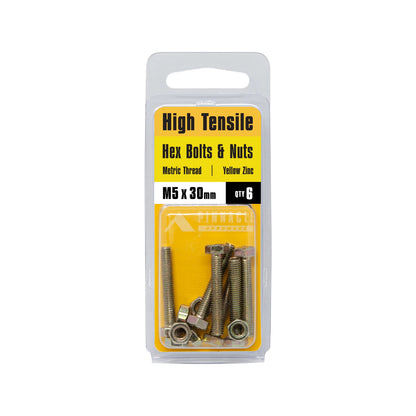 Pinnacle 5x30mm Yellow Zinc Hi Tensile Hex Bolt & Nut 8 Pack - Corrosion Resistant