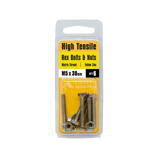 Pinnacle 5x30mm Yellow Zinc Hi Tensile Hex Bolt & Nut 8 Pack - Corrosion Resistant