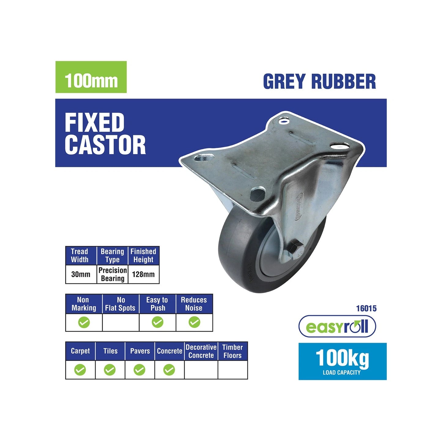 Easyroll 100mm Grey Rubber Heavy Duty Fixed Castor 100kg Load Capacity