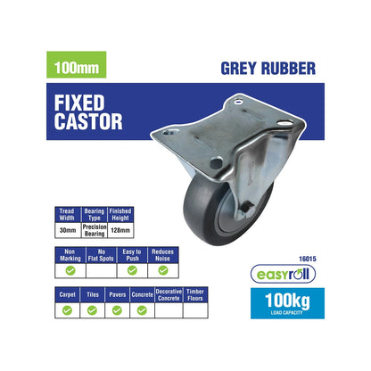 Easyroll 100mm Grey Rubber Heavy Duty Fixed Castor 100kg Load Capacity