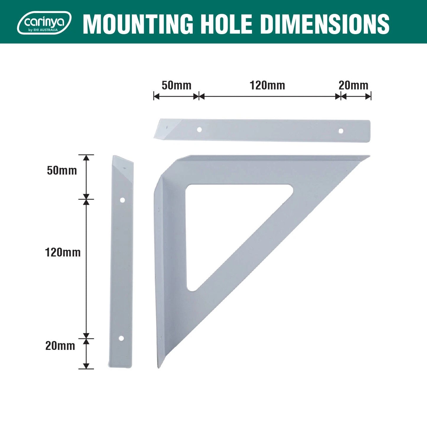 Carinya White Triangle Stayed Bracket 190x190mm, 100kg Load, Indoor/Outdoor Use