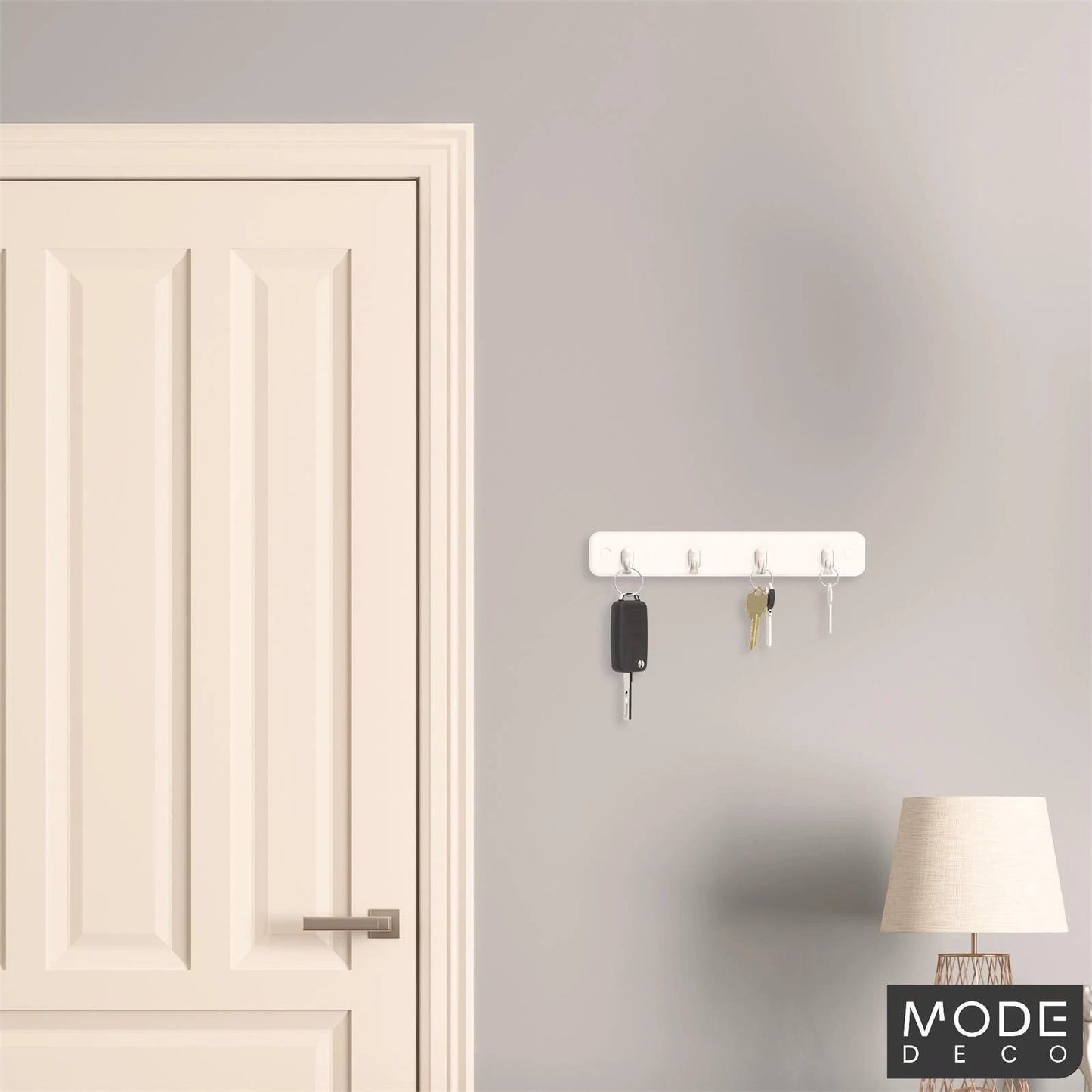 MODE 4 Brushed Nickel Hooks White Board Key Rack, Durable & Easy Install