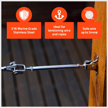 Taskmaster 3mm Stainless Steel Jaw and Jaw Bottlescrew for Wire Tensioning and Balustrading