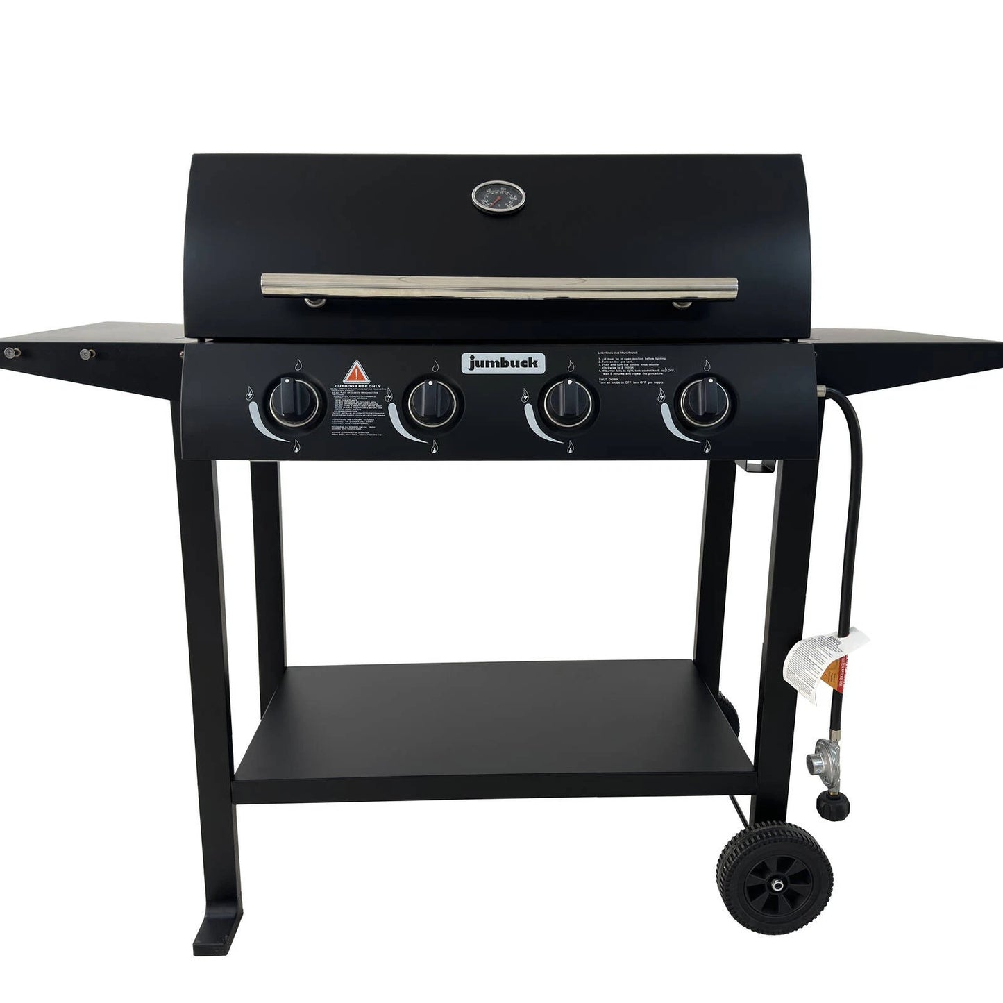 Jumbuck 4 Burner Hooded Gas BBQ, Cast Iron Grill, Auto Ignition, Portable, Black