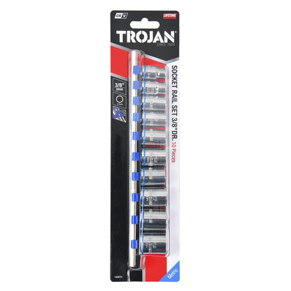 Trojan 10 Piece 3/8" Socket Rail Set - Chrome Vanadium, 12 Point, Lifetime Warranty